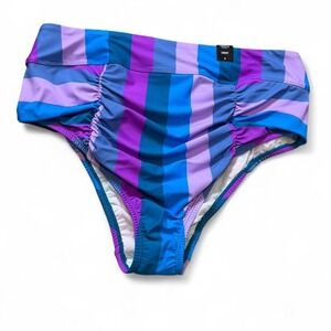 Torrid Blue, Pink, and Purple Striped High Waist‎ Ruched Cheeky Swim Bottom